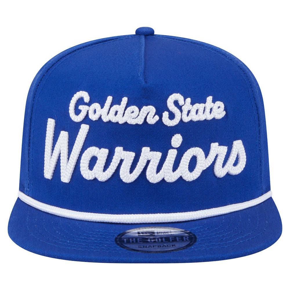 Golden State Warriors Team Text Golfer Snapback Hat for sale Royal | New Era Near Me