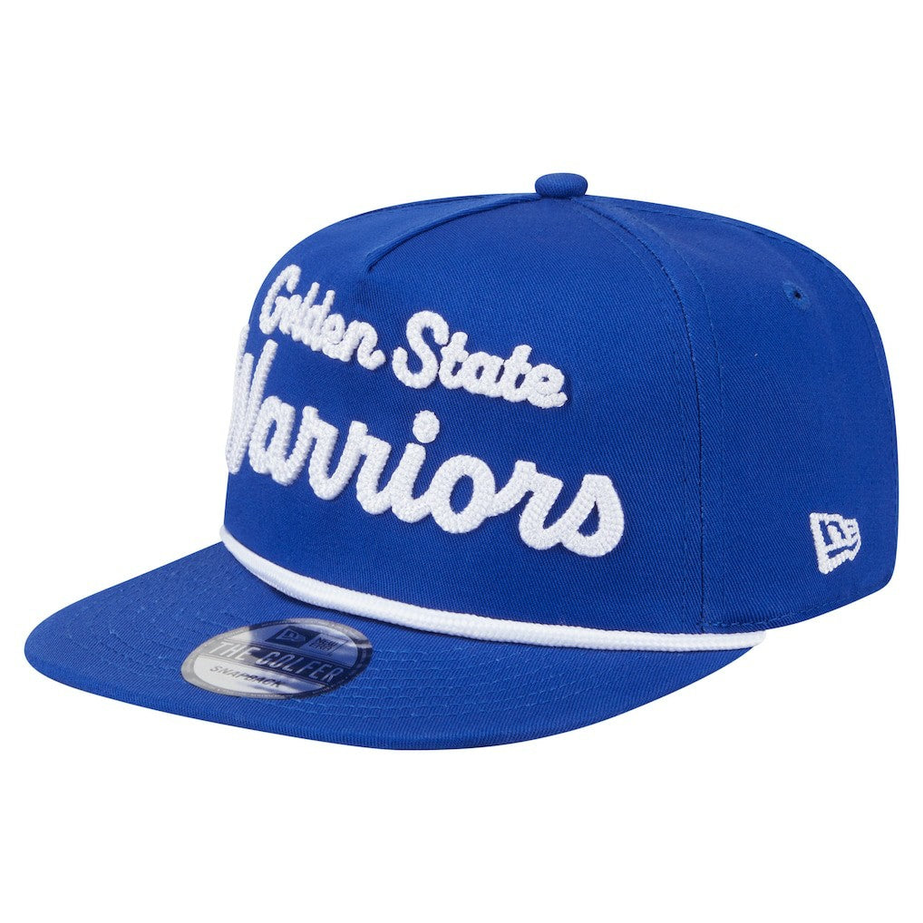 Golden State Warriors Team Text Golfer Snapback Hat for sale Royal | New Era Near Me