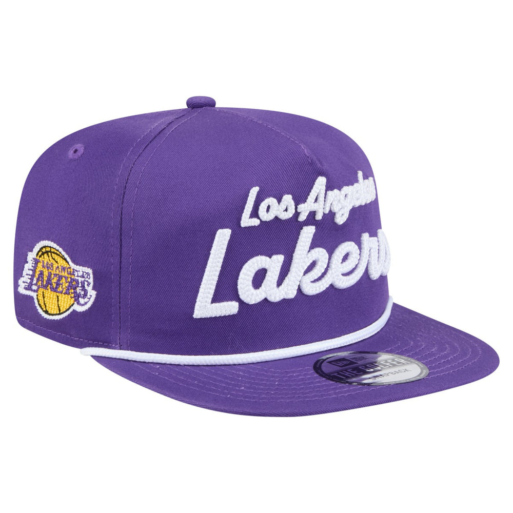 Los Angeles Lakers Team Text Golfer Snapback Hat Purple | New Era for sale