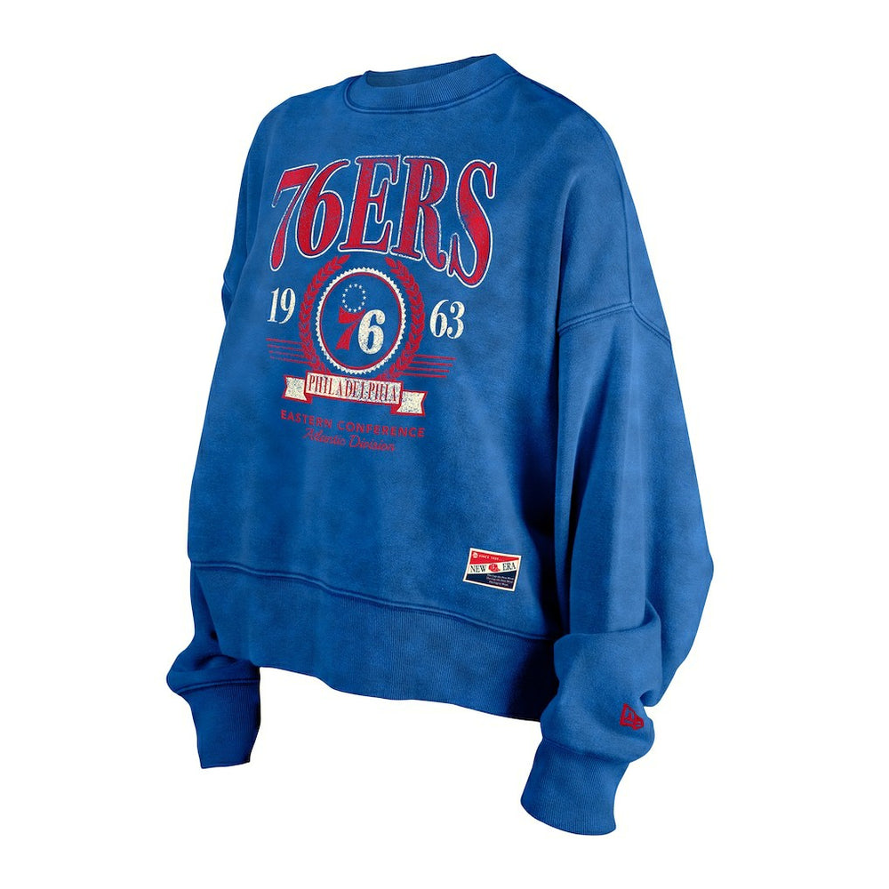Philadelphia 76ers Women's Throwback Vintage Enzyme Wash Oversized Boxy Pullover Sweatshirt Royal | New Era