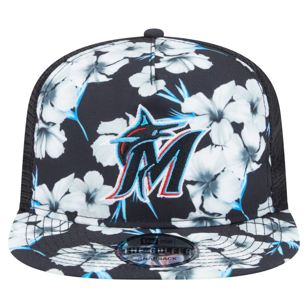 Miami Marlins New Era Adventure Pattern Golfer Trucker Snapback Hat - Black - New Era Discount