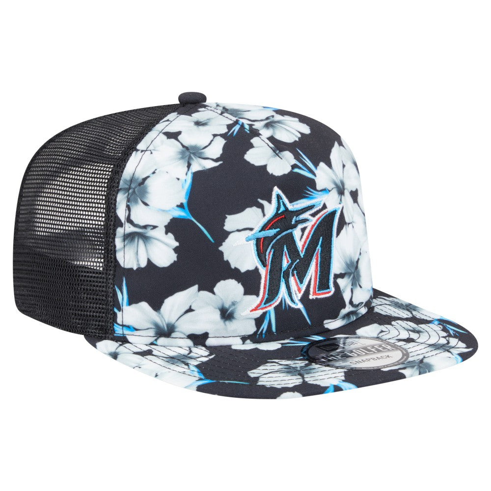 Miami Marlins New Era Adventure Pattern Golfer Trucker Snapback Hat - Black - New Era Discount