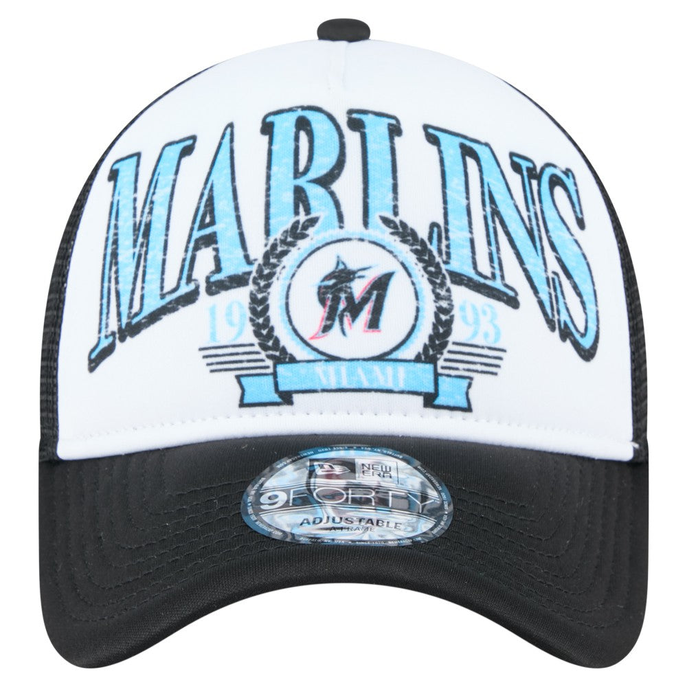 Miami Marlins New Era Distressed 9FORTY A-Frame Adjustable Trucker Hat - Black - New Era Sale