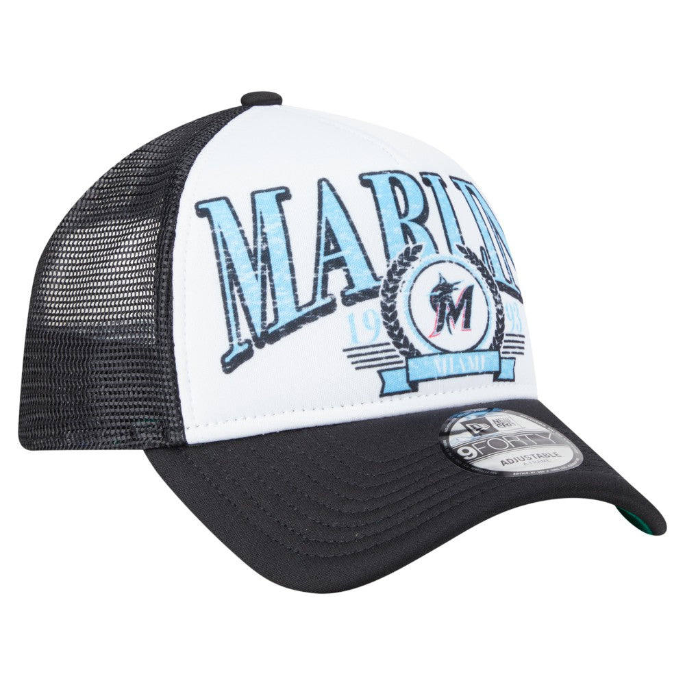 Miami Marlins New Era Distressed 9FORTY A-Frame Adjustable Trucker Hat - Black - New Era Sale