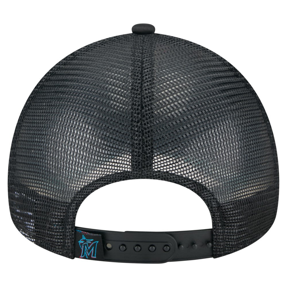 Miami Marlins New Era Distressed 9FORTY A-Frame Adjustable Trucker Hat - Black - New Era Sale