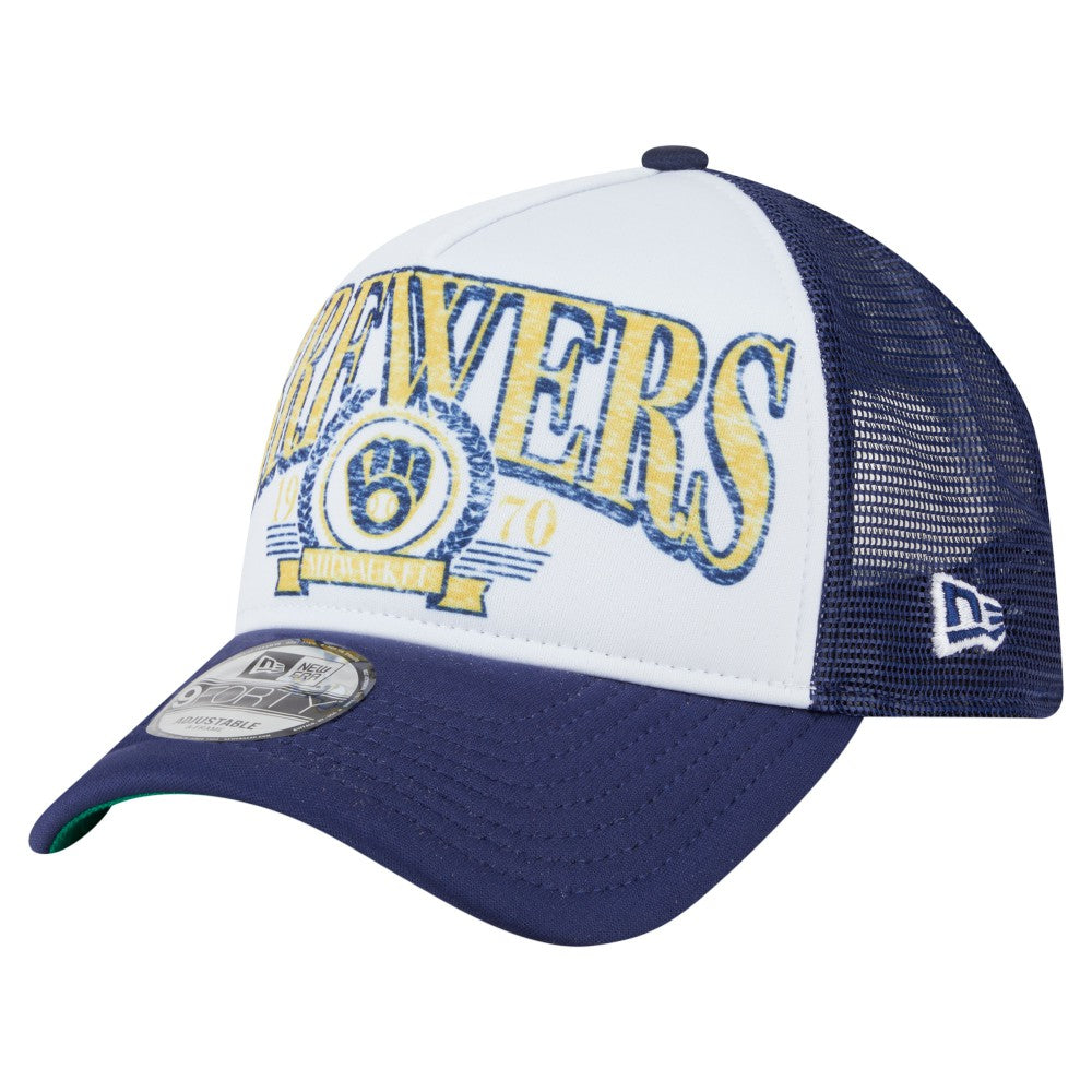 Milwaukee Brewers New Era Distressed 9FORTY A-Frame Adjustable Trucker Hat - White - New Era Online