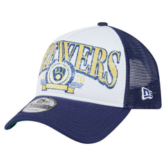 Milwaukee Brewers New Era Distressed 9FORTY A-Frame Adjustable Trucker Hat - White - New Era Online