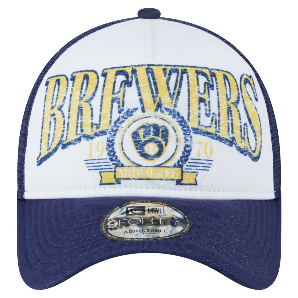 Milwaukee Brewers New Era Distressed 9FORTY A-Frame Adjustable Trucker Hat - White - New Era Online