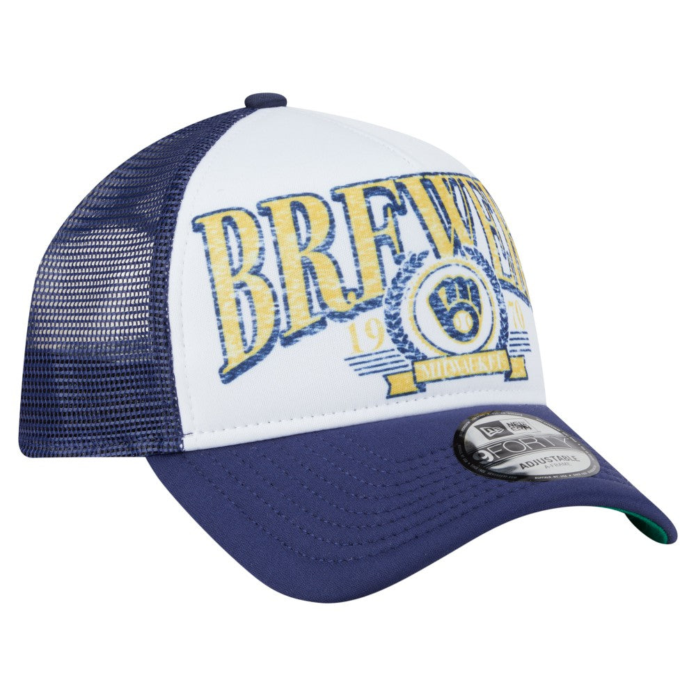 Milwaukee Brewers New Era Distressed 9FORTY A-Frame Adjustable Trucker Hat - White - New Era Online