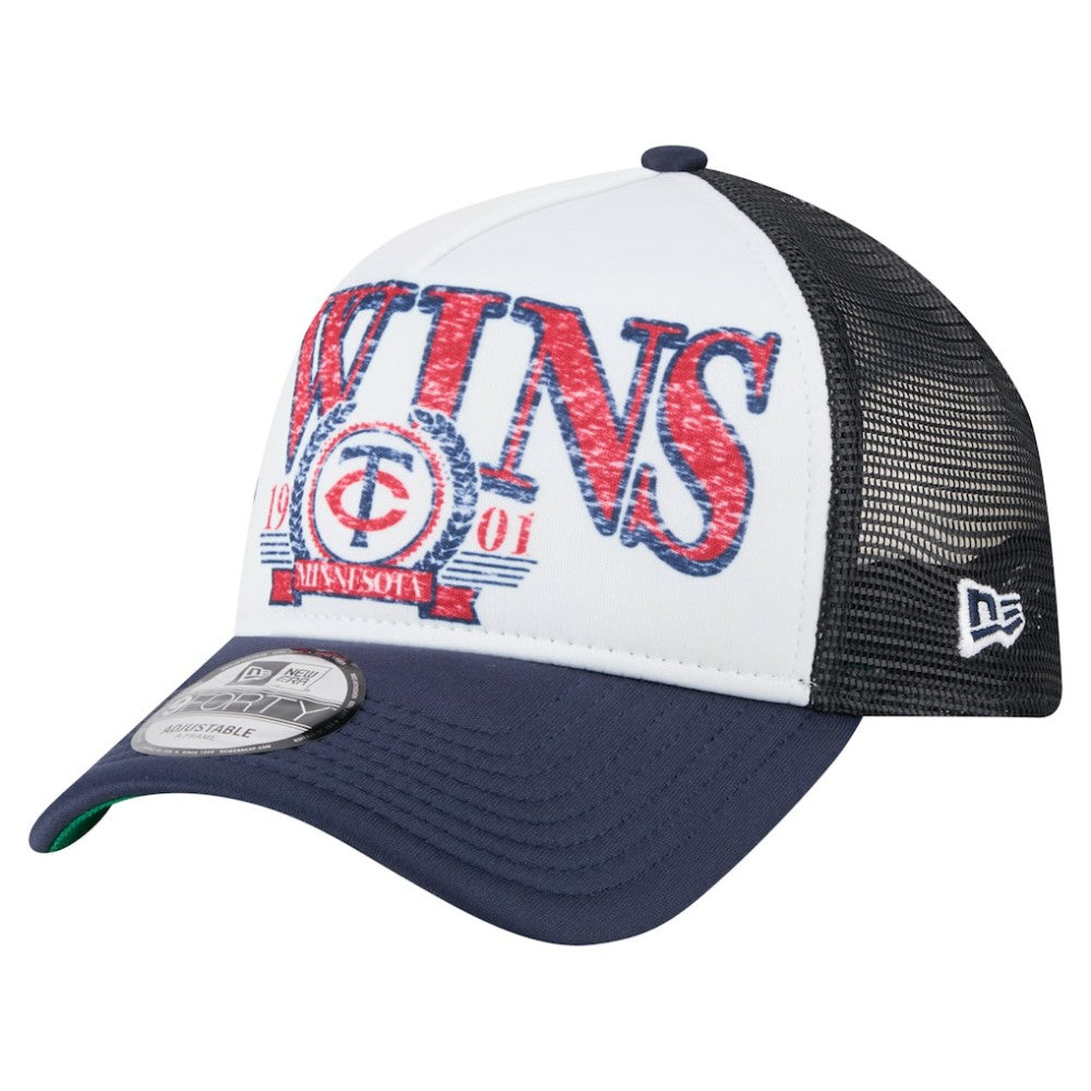 Minnesota Twins New Era Distressed 9FORTY A-Frame Adjustable Trucker Hat - White/Navy - New Era Sale