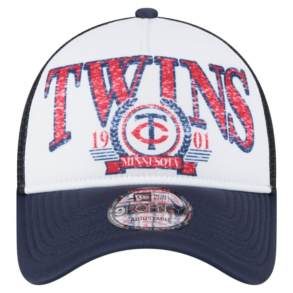 Minnesota Twins New Era Distressed 9FORTY A-Frame Adjustable Trucker Hat - White/Navy - New Era Sale