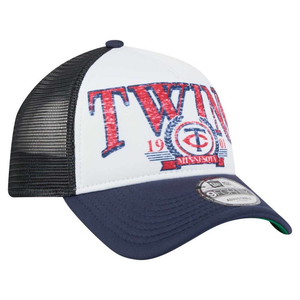 Minnesota Twins New Era Distressed 9FORTY A-Frame Adjustable Trucker Hat - White/Navy - New Era Sale
