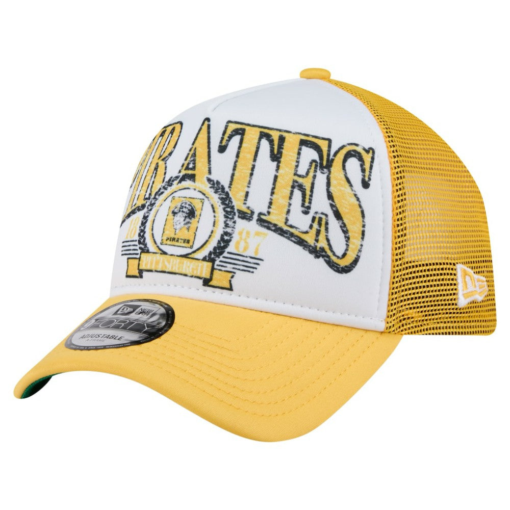 Pittsburgh Pirates New Era Distressed 9FORTY A-Frame Adjustable Trucker Hat - White/Gold - New Era on Sale
