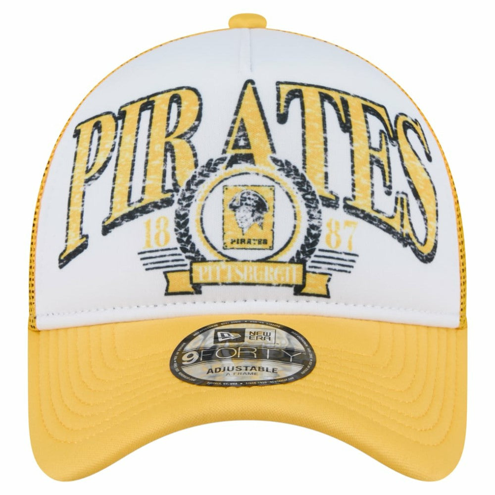 Pittsburgh Pirates New Era Distressed 9FORTY A-Frame Adjustable Trucker Hat - White/Gold - New Era on Sale