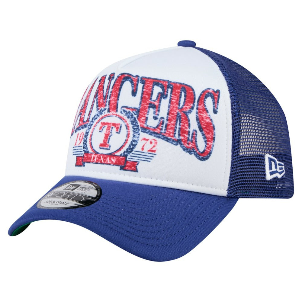 Texas Rangers New Era Trucker A-Frame 9FORTY Adjustable Hat - White/Royal - New Era Discount