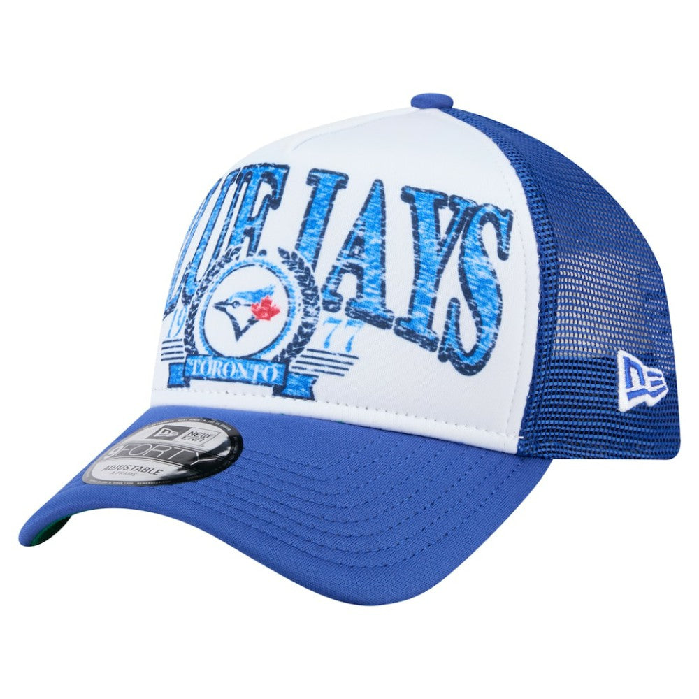 Toronto Blue Jays New Era Distressed 9FORTY A-Frame Adjustable Trucker Hat - White/Royal - New Era Discount