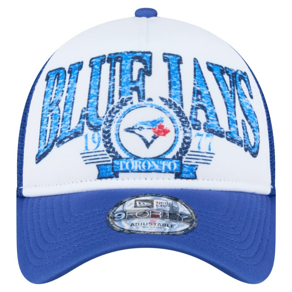 Toronto Blue Jays New Era Distressed 9FORTY A-Frame Adjustable Trucker Hat - White/Royal - New Era Discount