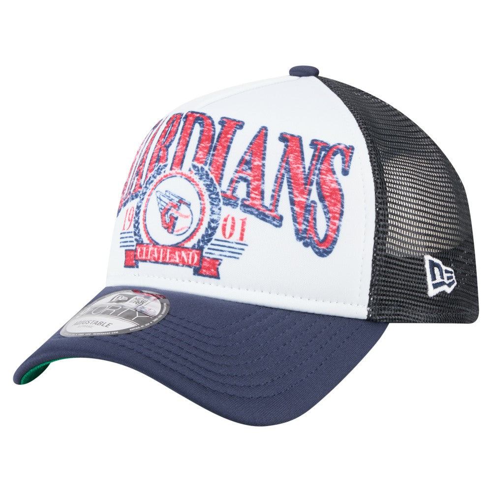 Cleveland Guardians New Era Distressed 9FORTY A-Frame Adjustable Trucker Hat - White/Navy - New Era Discount