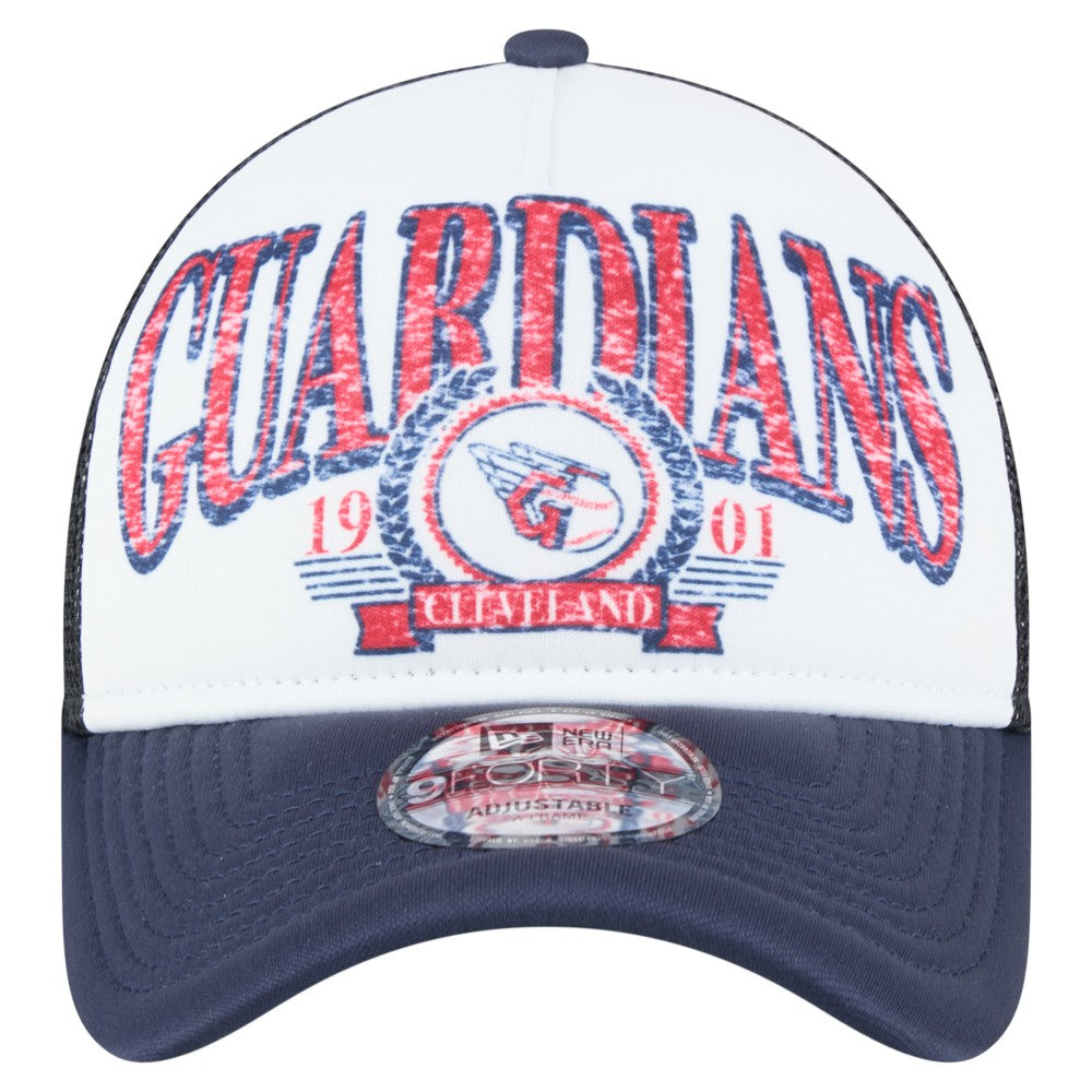 Cleveland Guardians New Era Distressed 9FORTY A-Frame Adjustable Trucker Hat - White/Navy - New Era Discount