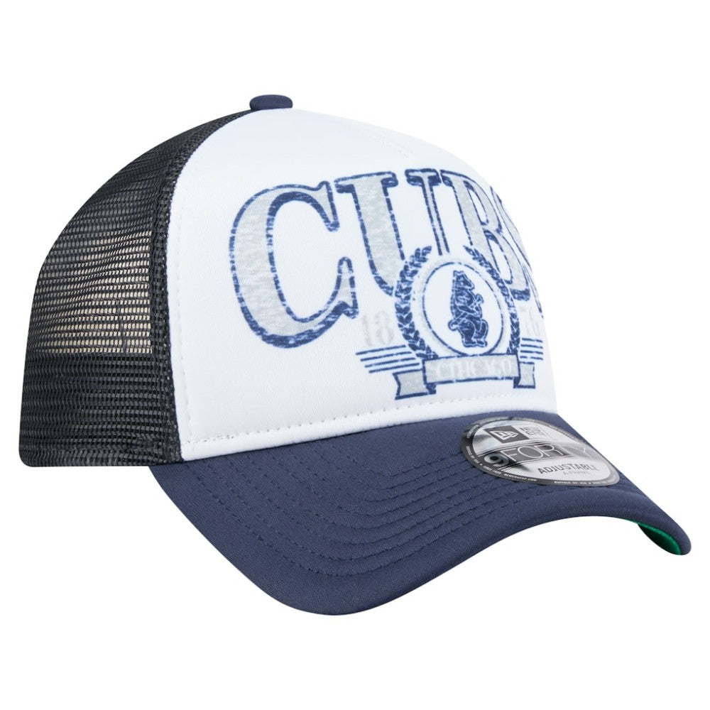 Chicago Cubs New Era Distressed 9FORTY A-Frame Adjustable Trucker Hat - White/Navy - New Era Discount
