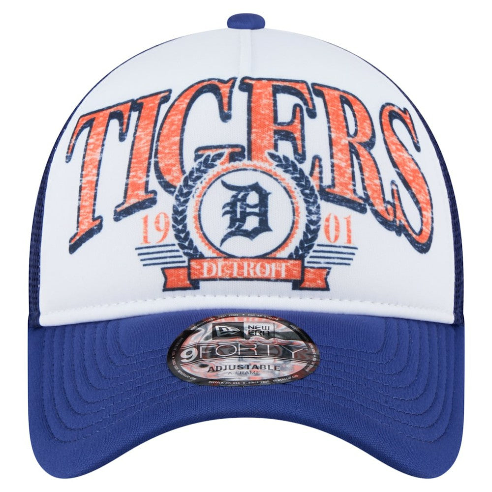 Detroit Tigers New Era Distressed 9FORTY A-Frame Adjustable Trucker Hat - White/Navy - New Era Discount