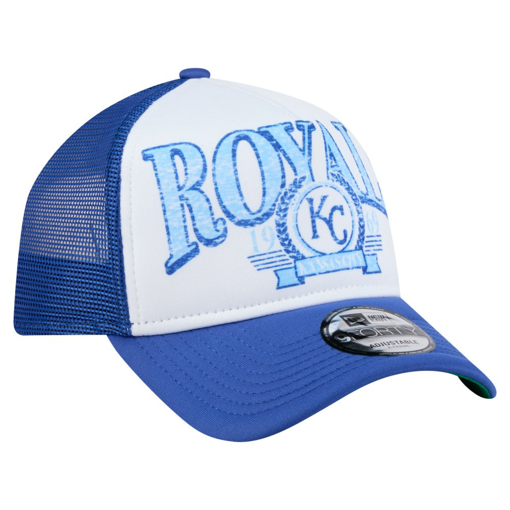Kansas City Royals New Era Distressed 9FORTY A-Frame Adjustable Trucker Hat - Royal - New Era Online