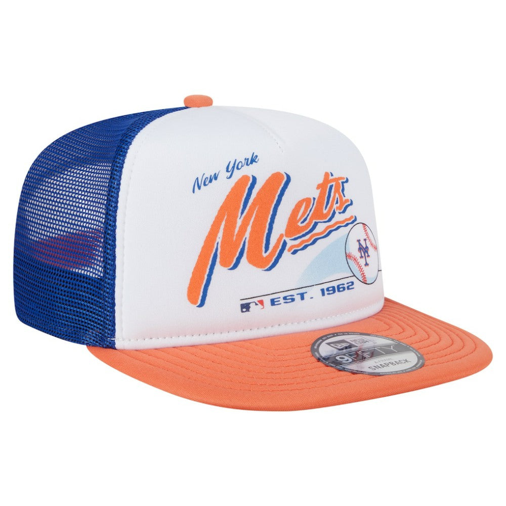New York Mets New Era Retro Script Trucker 9FIFTY Snapback Hat - White/Orange - New Era Lifestyle