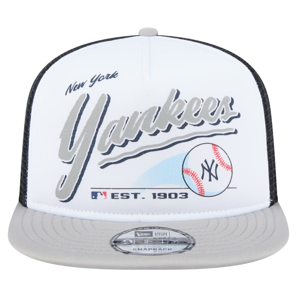 New York Yankees New Era Retro Script Trucker 9FIFTY Snapback Hat - White/Gray - New Era Discount