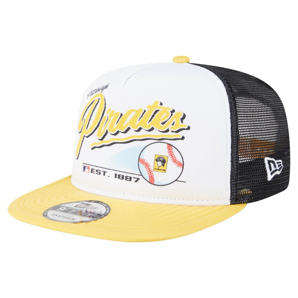 Pittsburgh Pirates New Era Retro Script Trucker 9FIFTY Snapback Hat - White/Gold - New Era on Sale
