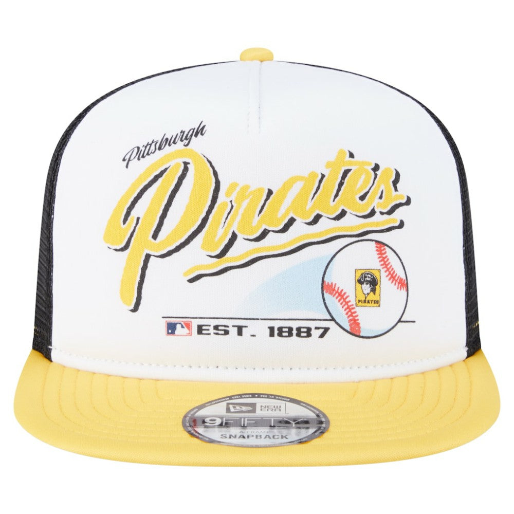 Pittsburgh Pirates New Era Retro Script Trucker 9FIFTY Snapback Hat - White/Gold - New Era on Sale