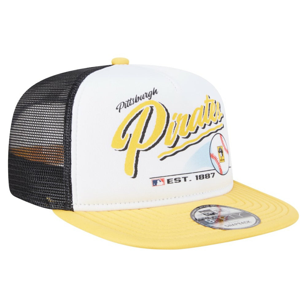Pittsburgh Pirates New Era Retro Script Trucker 9FIFTY Snapback Hat - White/Gold - New Era on Sale