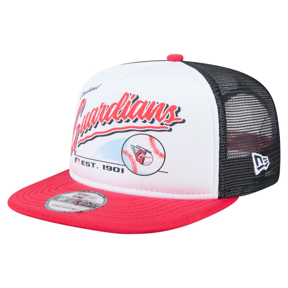 Cleveland Guardians New Era Retro Script Trucker 9FIFTY Snapback Hat - White/Red - New Era Online