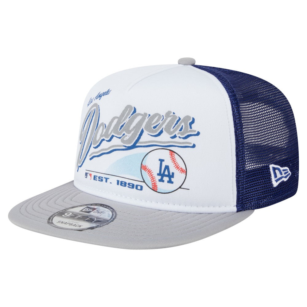 Los Angeles Dodgers New Era Retro Script Trucker 9FIFTY Snapback Hat - White/Gray - New Era Online