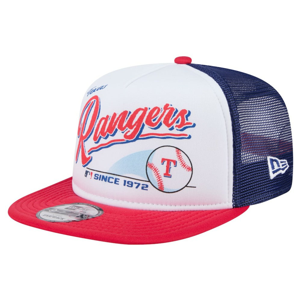Texas Rangers New Era Retro Script Trucker 9FIFTY Snapback Hat - White/Red - New Era Discount