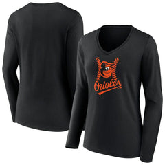 Baltimore Orioles Women's Fastball Long Sleeve V-Neck T-Shirt - Black - MLB on Sale