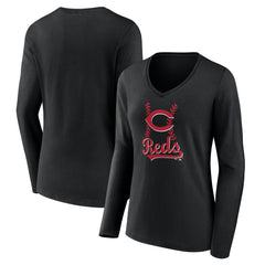 Cincinnati Reds Women's Fastball Long Sleeve V-Neck T-Shirt - Black - MLB Discount