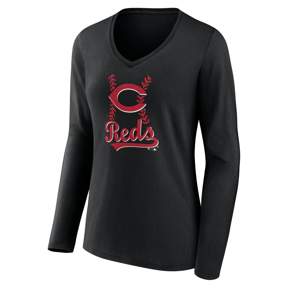 Cincinnati Reds Women's Fastball Long Sleeve V-Neck T-Shirt - Black - MLB Discount