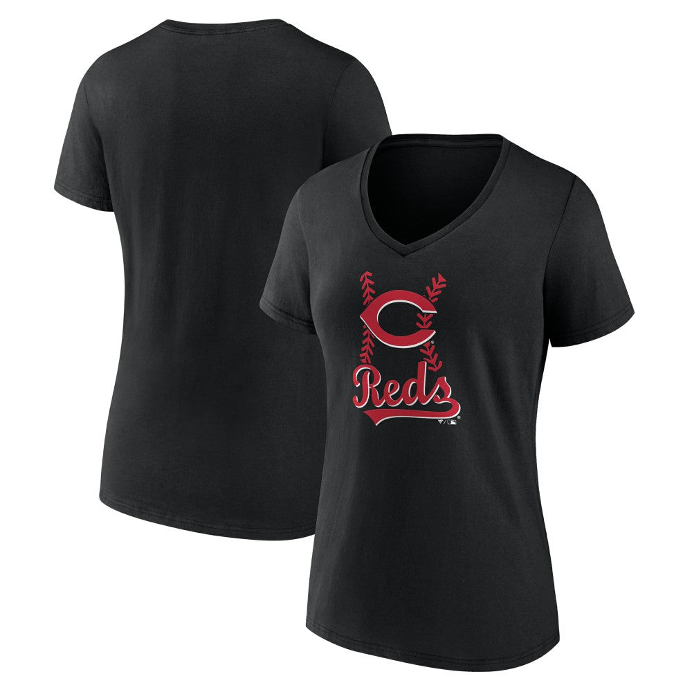 Cincinnati Reds Women's Fastball V-Neck T-Shirt - Black - MLB Sale