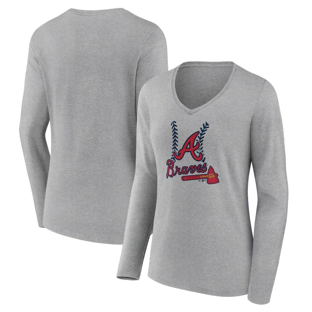 Atlanta Braves Women's Fastball Long Sleeve V-Neck T-Shirt - Gray - MLB Lifestyle