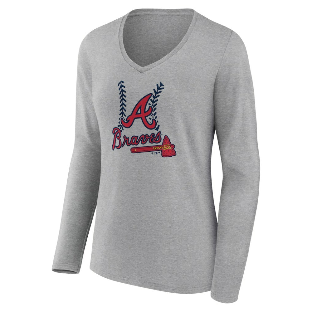 Atlanta Braves Women's Fastball Long Sleeve V-Neck T-Shirt - Gray - MLB Lifestyle