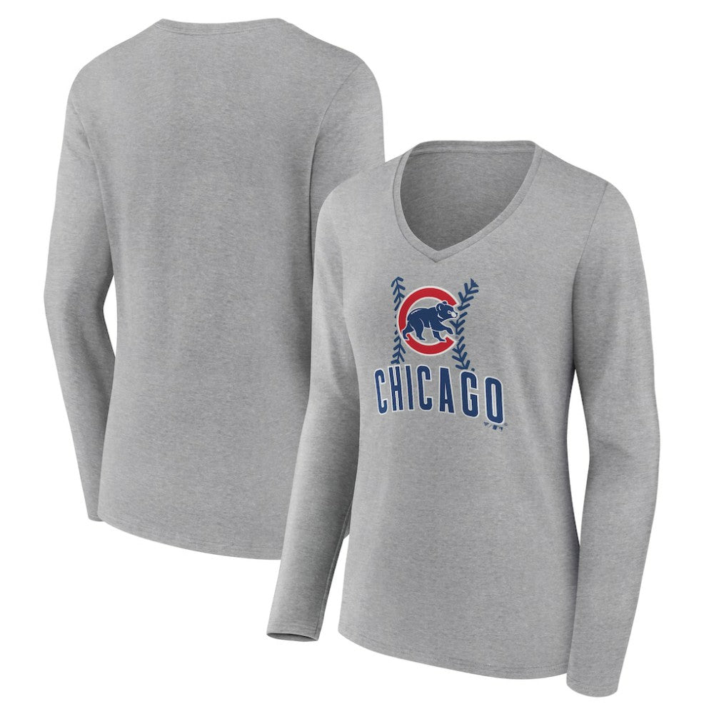 Chicago Cubs Women's Fastball Long Sleeve V-Neck T-Shirt - Gray - MLB Sale