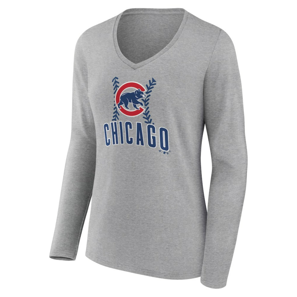 Chicago Cubs Women's Fastball Long Sleeve V-Neck T-Shirt - Gray - MLB Sale
