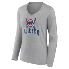 Chicago Cubs Women's Fastball Long Sleeve V-Neck T-Shirt - Gray - MLB Sale