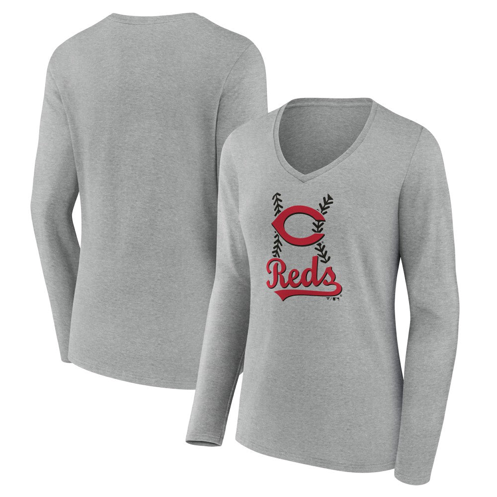 Cincinnati Reds Women's Fastball Long Sleeve V-Neck T-Shirt - Gray - MLB Online