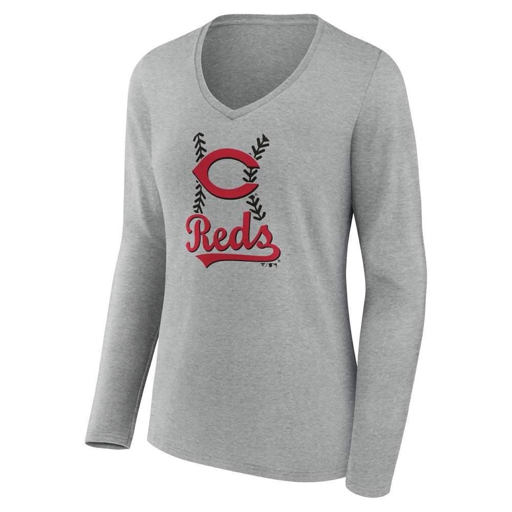 Cincinnati Reds Women's Fastball Long Sleeve V-Neck T-Shirt - Gray - MLB Online