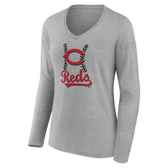 Cincinnati Reds Women's Fastball Long Sleeve V-Neck T-Shirt - Gray - MLB Online