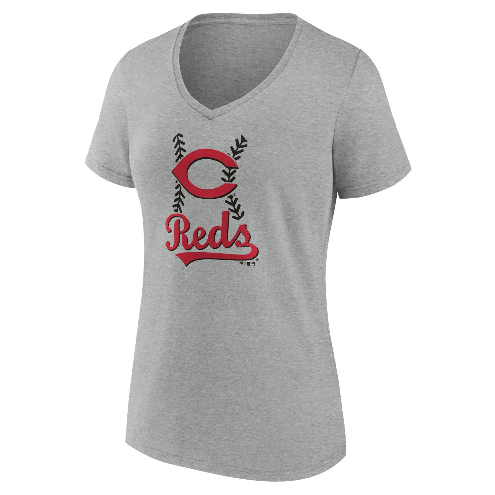 Cincinnati Reds Women's Fastball V-Neck T-Shirt - Gray - MLB Discount