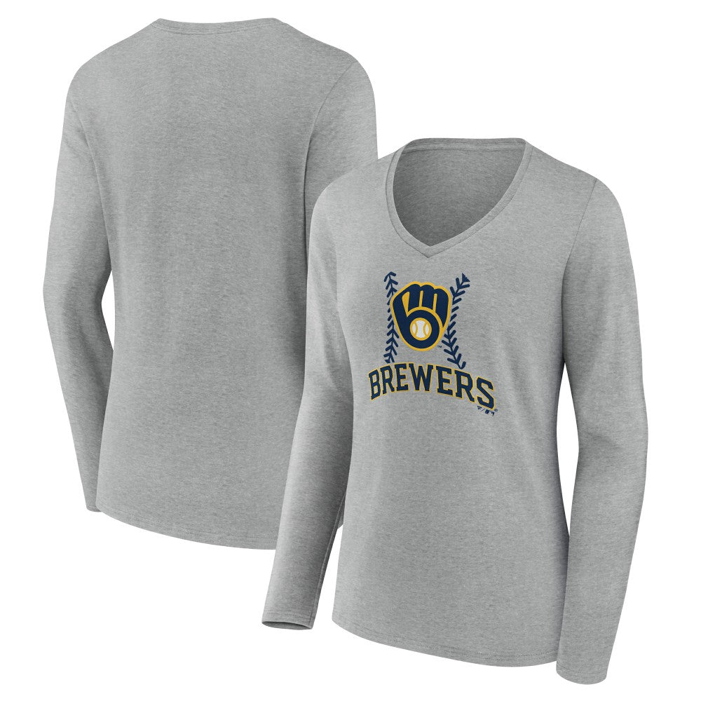 Milwaukee Brewers Women's Fastball Long Sleeve V-Neck T-Shirt - Gray - MLB Discount