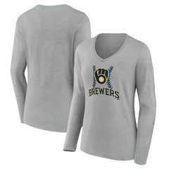 Milwaukee Brewers Women's Fastball Long Sleeve V-Neck T-Shirt - Gray - MLB Discount