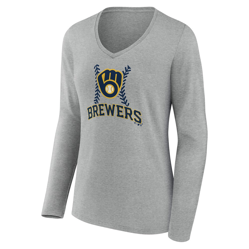 Milwaukee Brewers Women's Fastball Long Sleeve V-Neck T-Shirt - Gray - MLB Discount